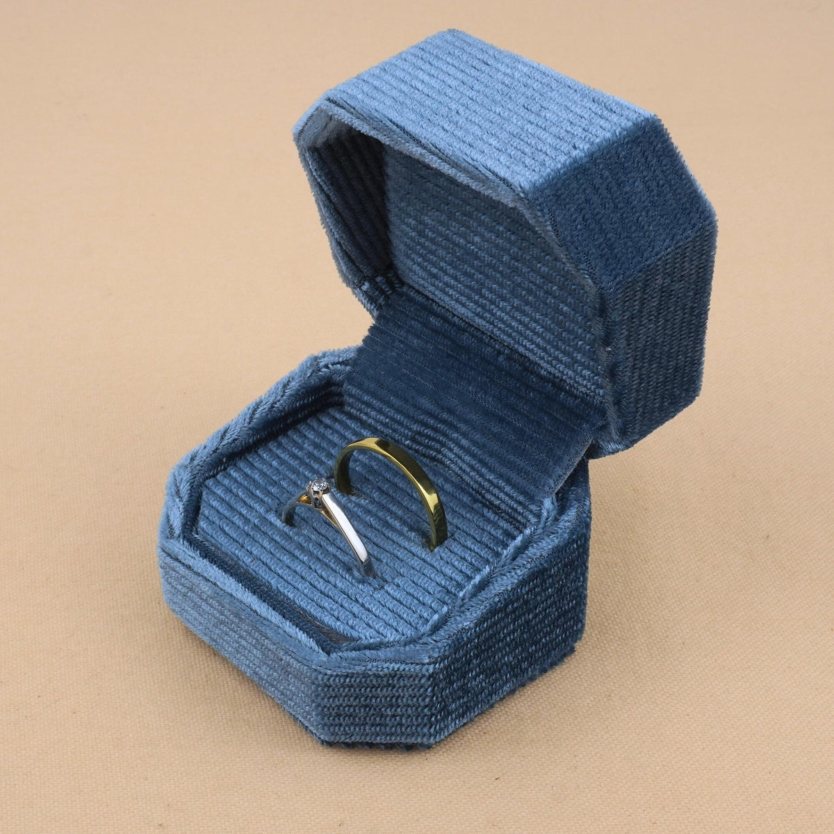 Ocean Blue Double Ring Box - Velvet Jewelry Holder For Engagement & Wedding Rings