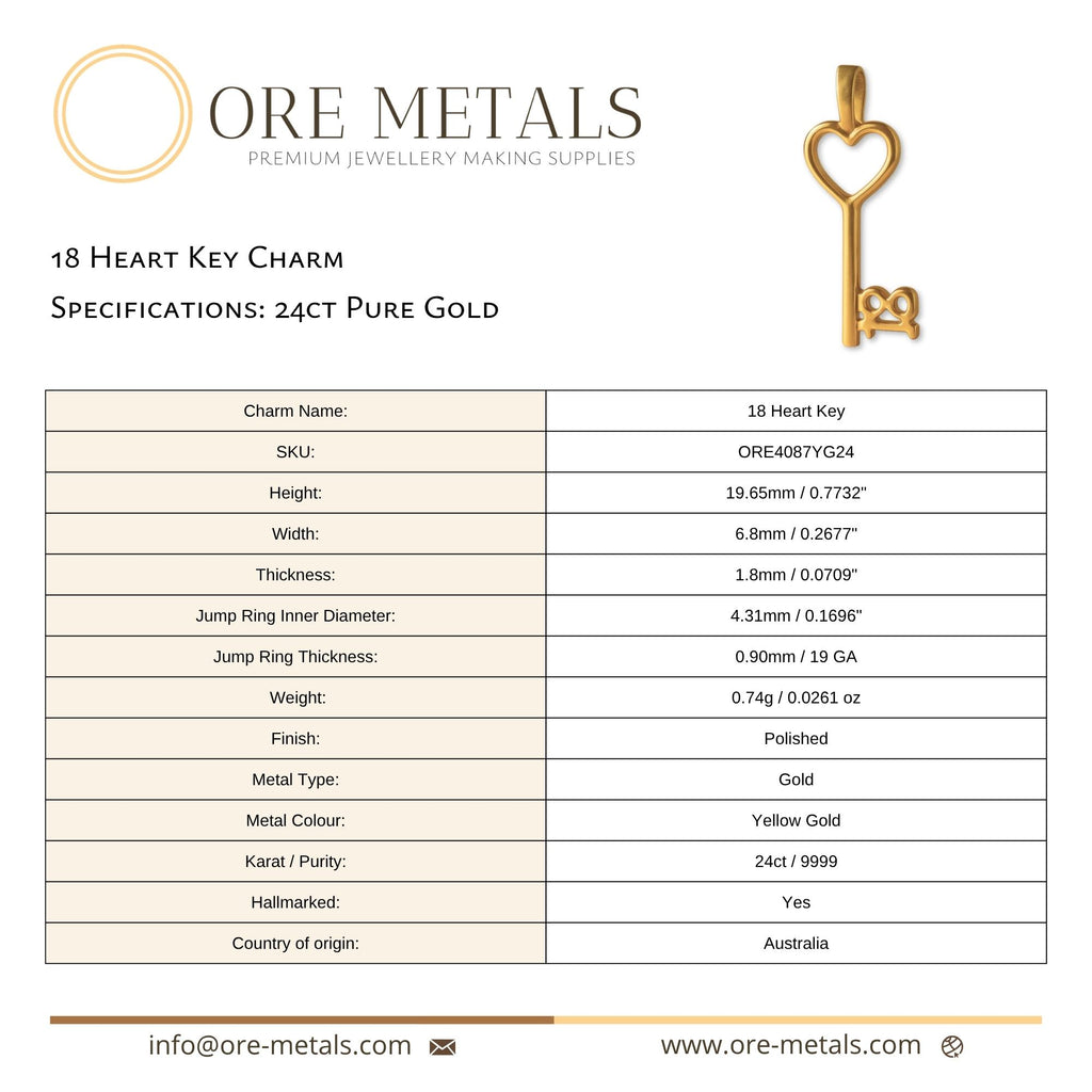 24ct Pure Gold - 18 Heart Key Charm
