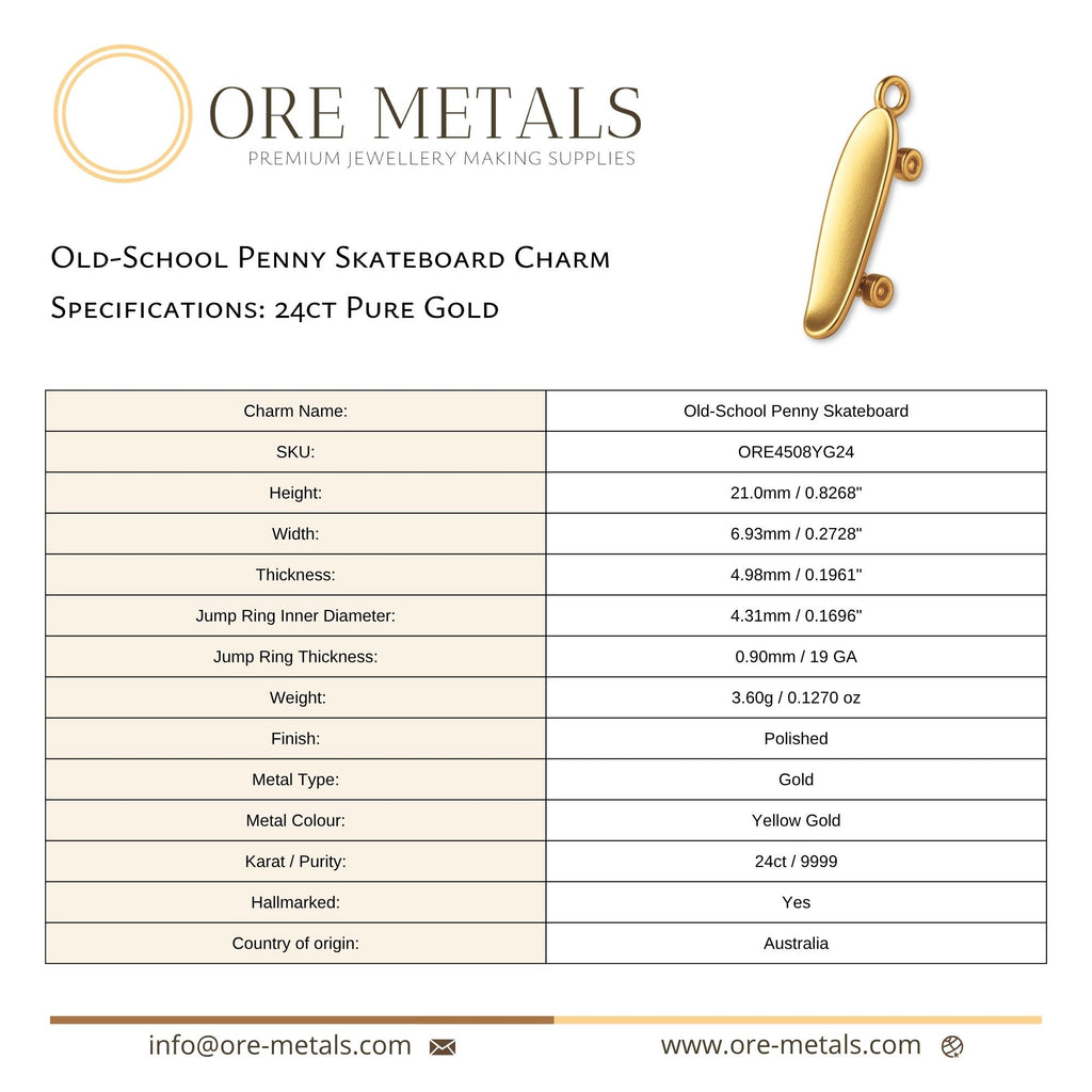 24ct Pure Gold - Old-School Penny Skateboard Charm