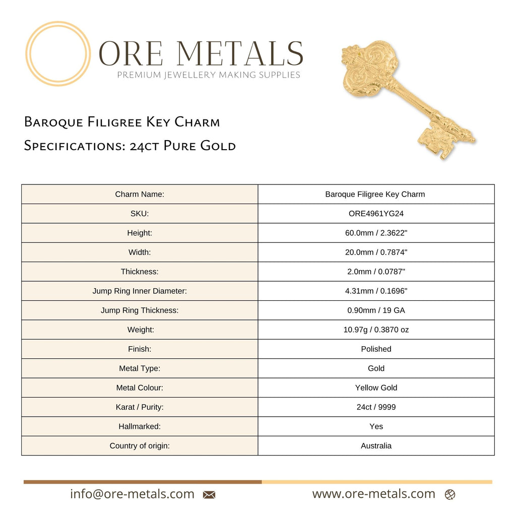24ct Pure Gold - Baroque Filigree Key Charm