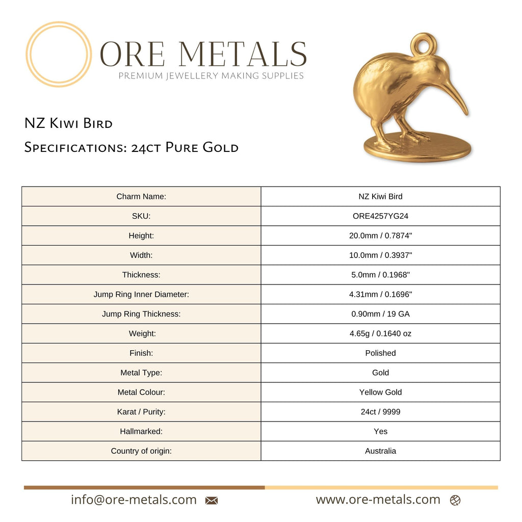 24ct Pure Gold - NZ Kiwi Bird Charm
