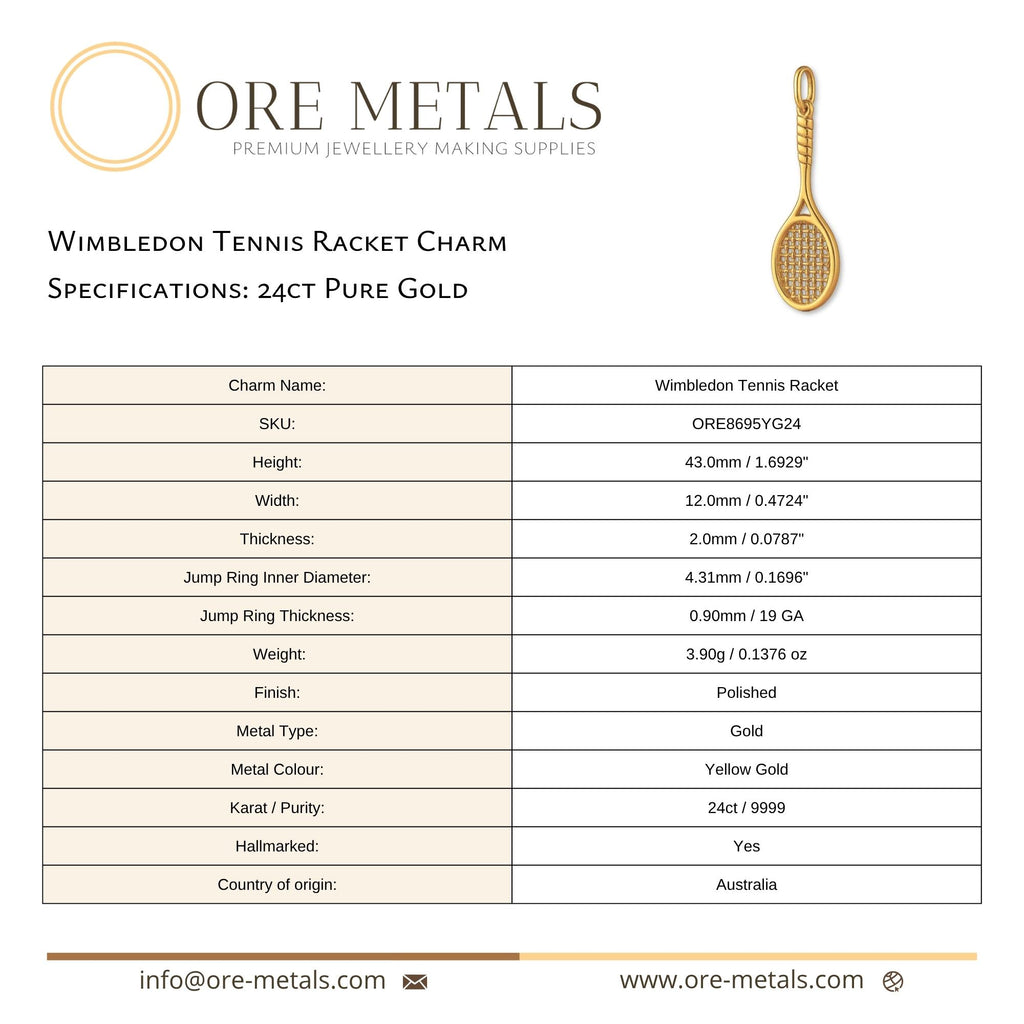 24ct Pure Gold - Wimbledon Tennis Racket Charm