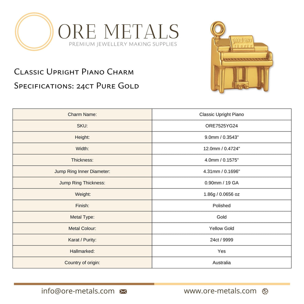 24ct Pure Gold - Classic Upright Piano Charm
