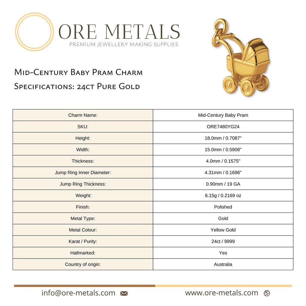 24ct Pure Gold - Mid–Century Baby Pram Charm