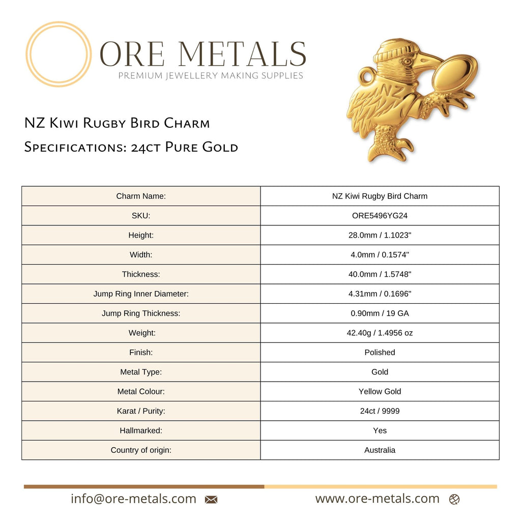 24ct Pure Gold - NZ Kiwi Rugby Bird Charm