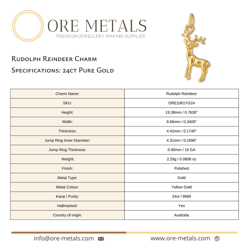 24ct Pure Gold - Rudolph Reindeer Charm