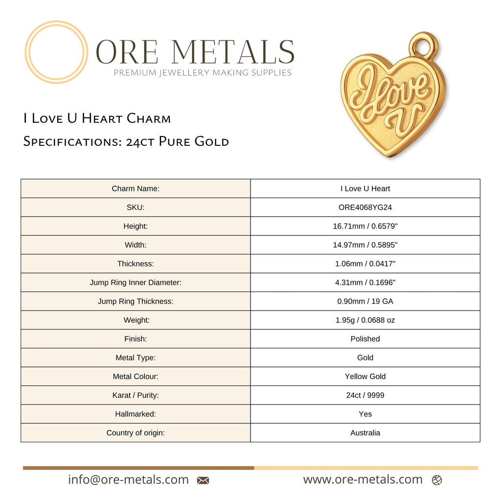 24ct Pure Gold - I Love U Heart Charm