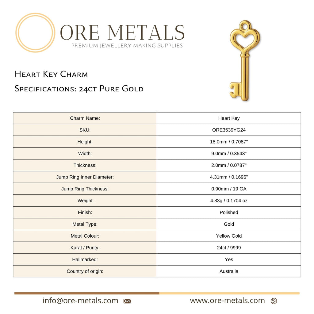 24ct Pure Gold - Heart Key Charm