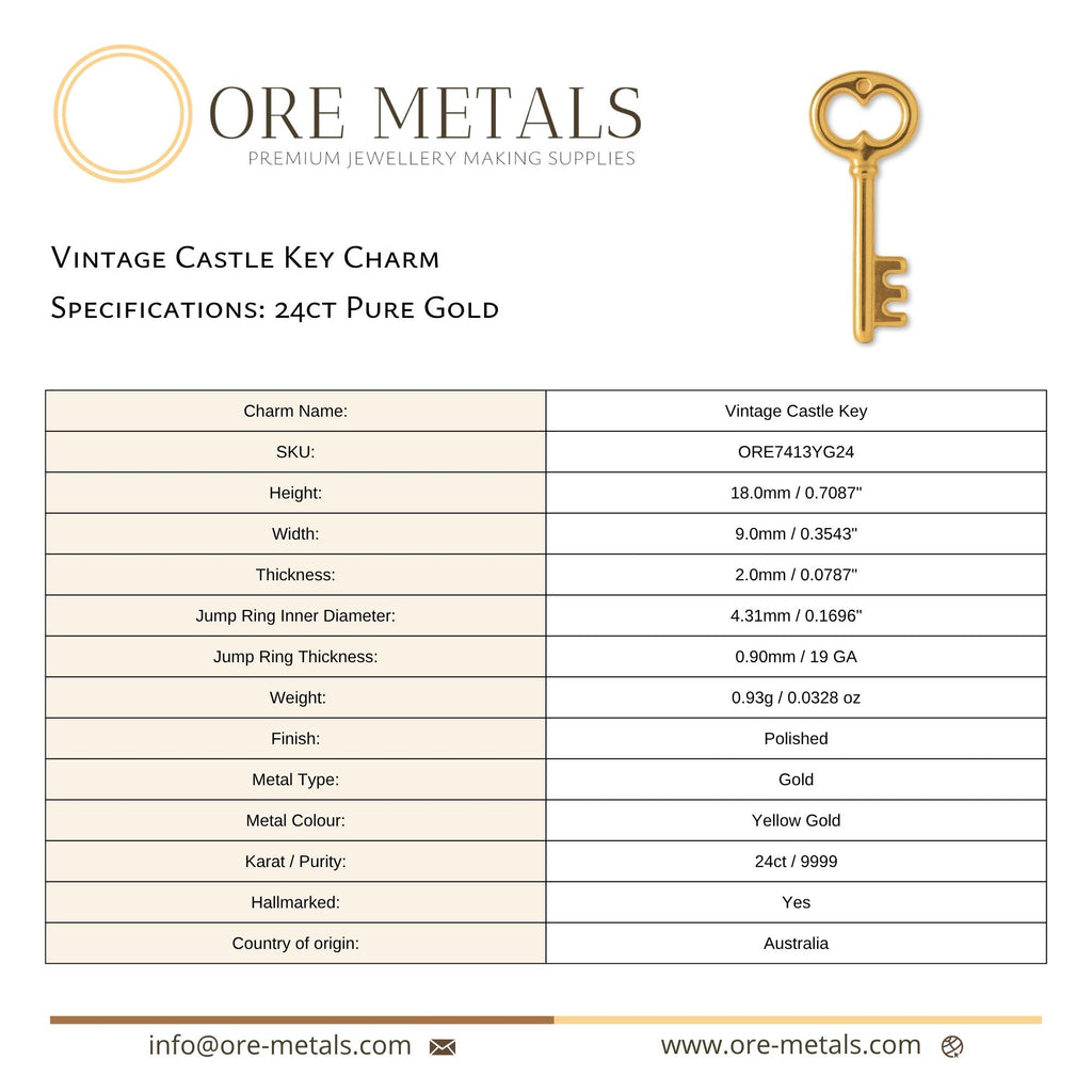 24ct Pure Gold - Vintage Castle Key Charm