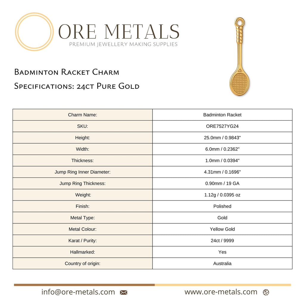 24ct Pure Gold - Badminton Racket Charm