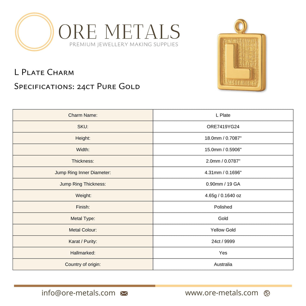 24ct Pure Gold - L Plate Charm
