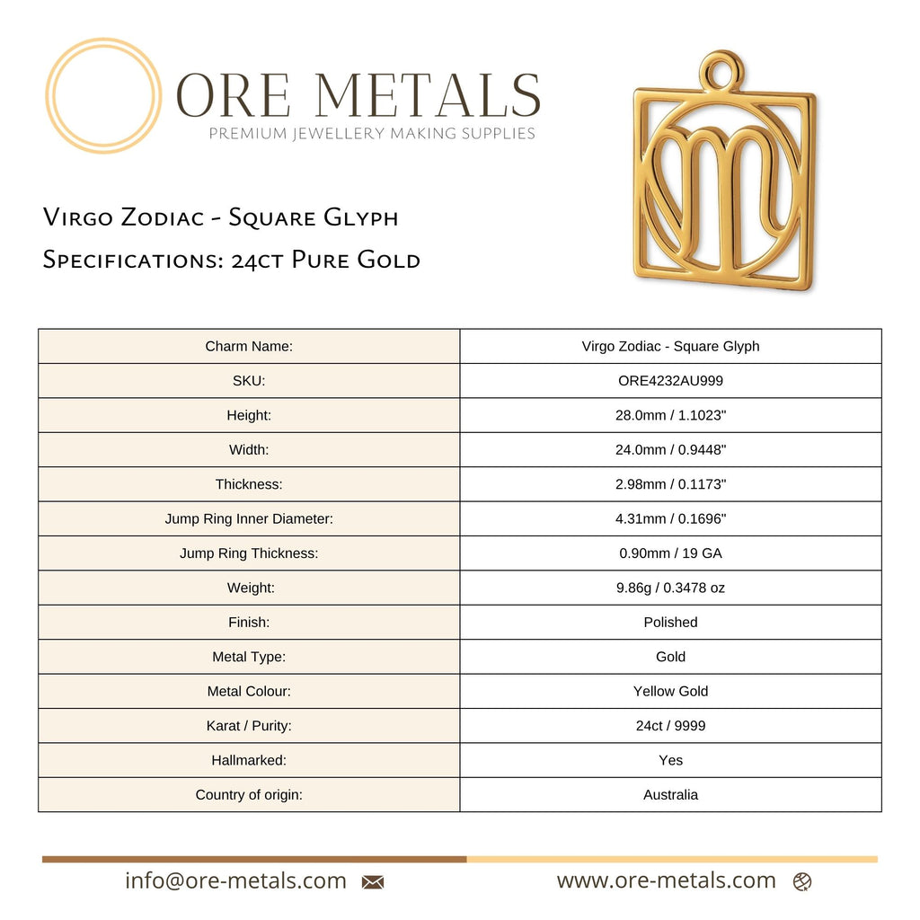 24ct Pure Gold - Virgo Zodiac Square Charm