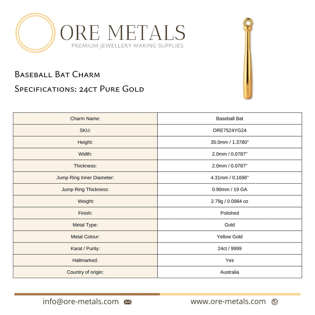 24ct Pure Gold - Baseball Bat Charm
