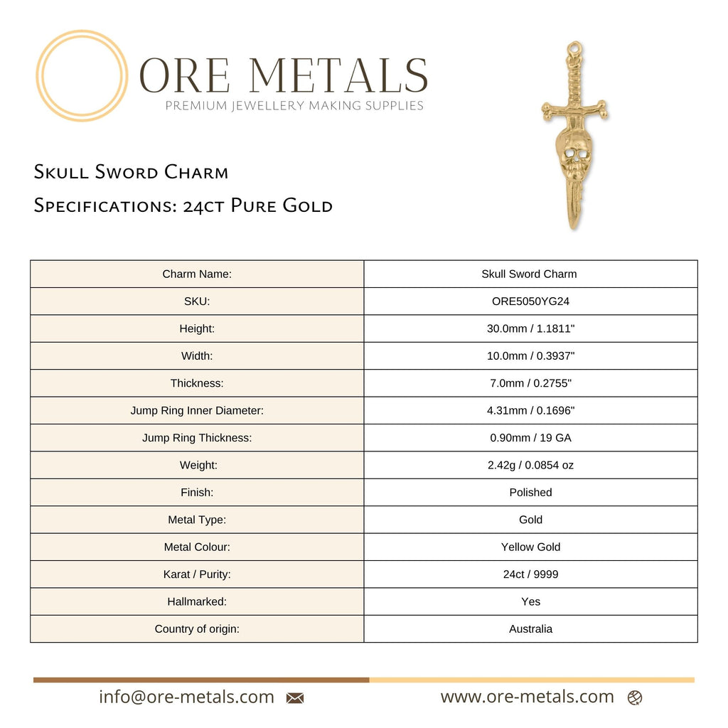 24ct Pure Gold - Skull Sword Charm