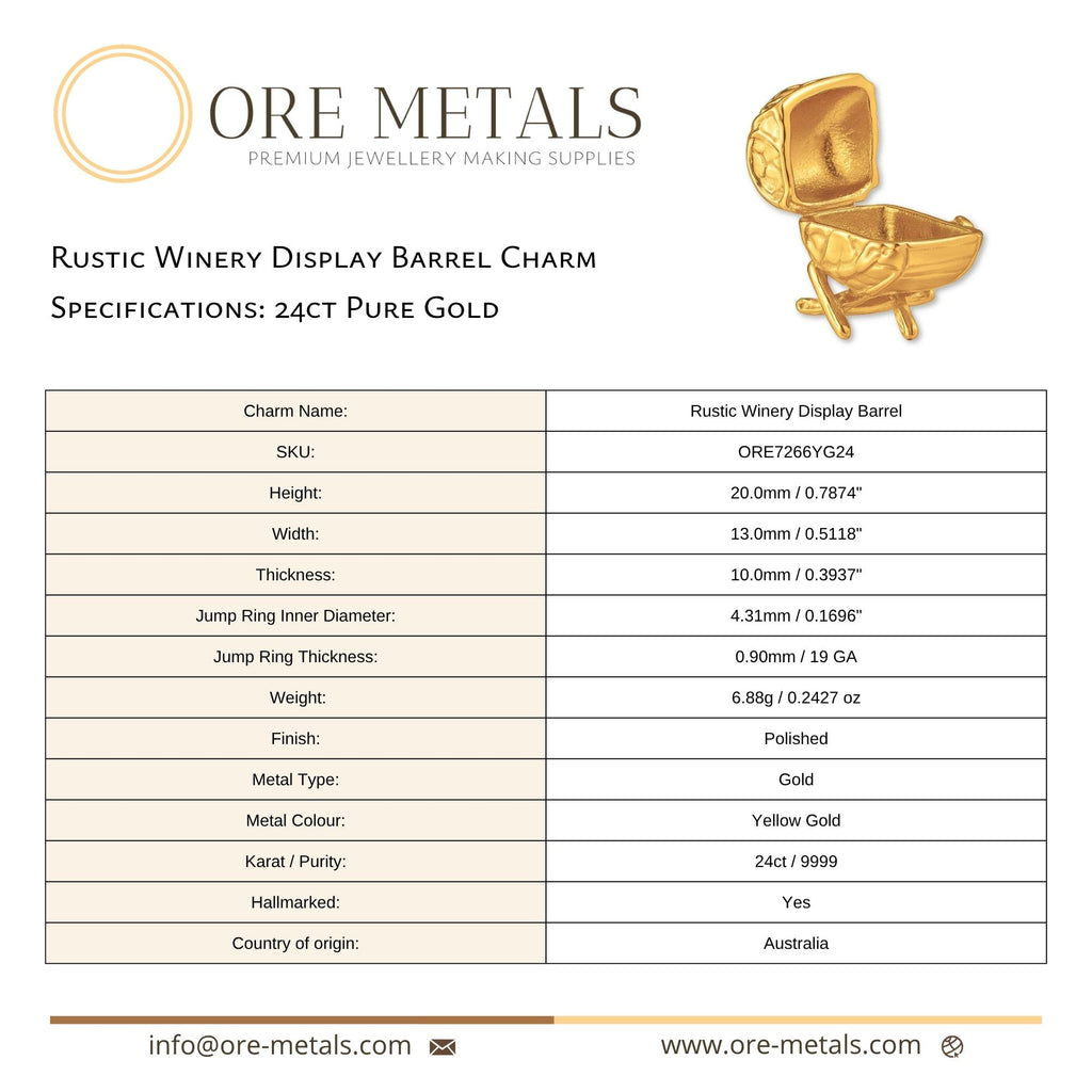 24ct Pure Gold - Rustic Winery Display Barrel Charm