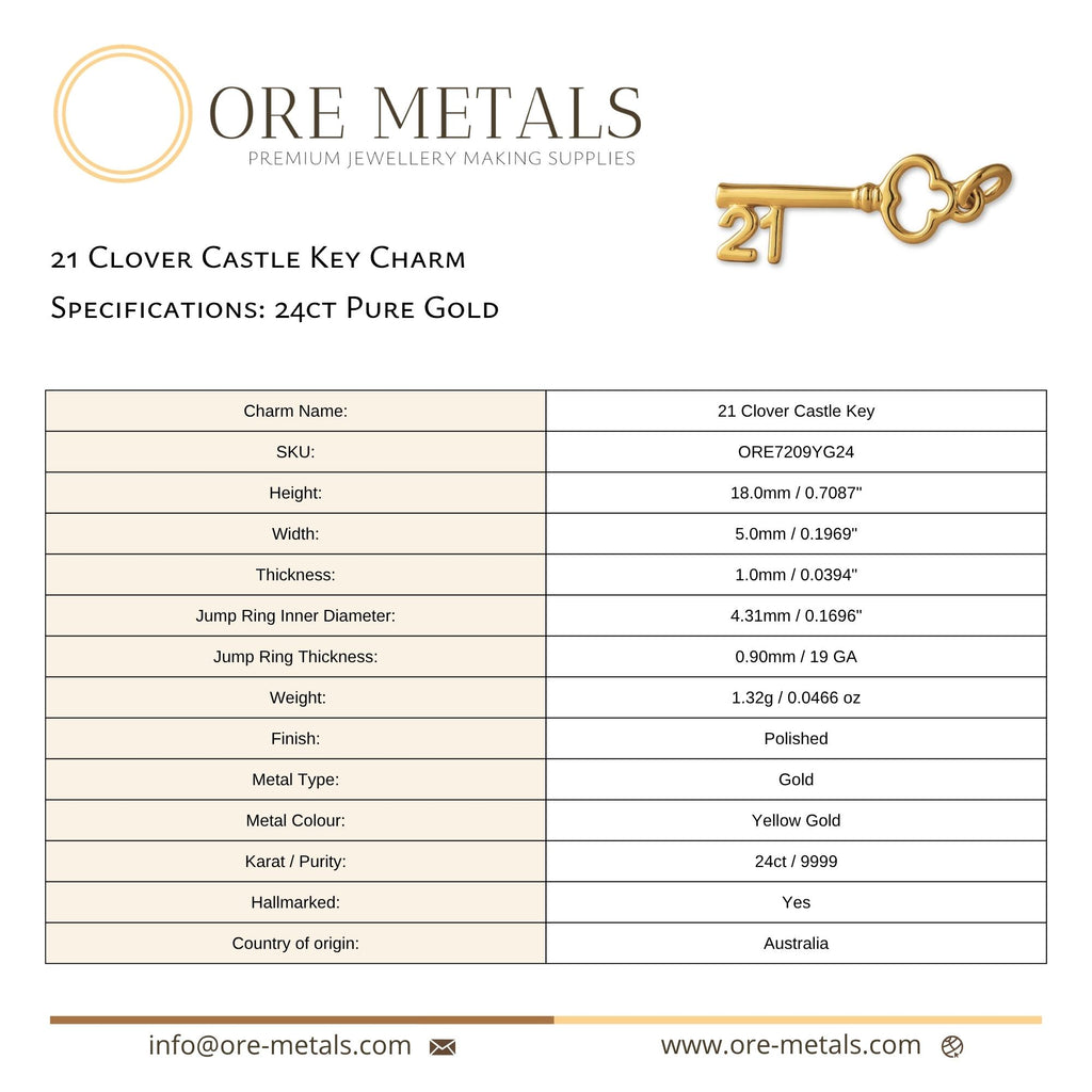 24ct Pure Gold - 21 Clover Castle Key Charm