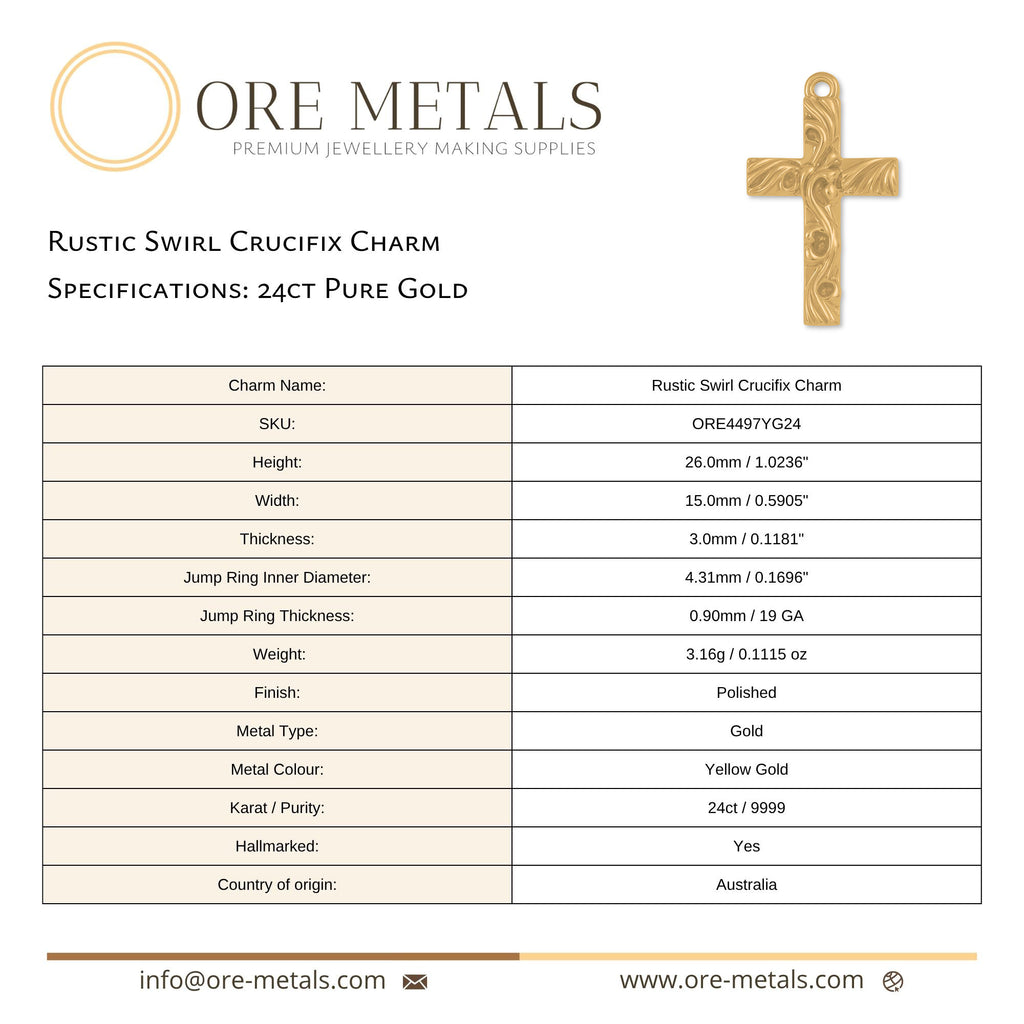 24ct Pure Gold - Rustic Swirl Crucifix Charm