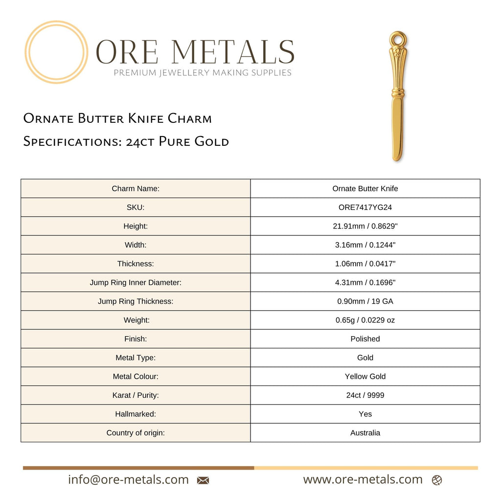 24ct Pure Gold - Ornate Butter Knife Charm