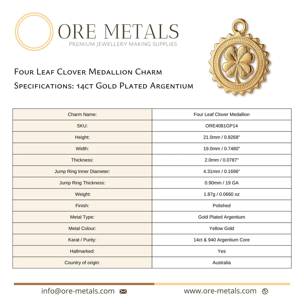 14ct Gold Plated - Four Leaf Clover Medallion Charm