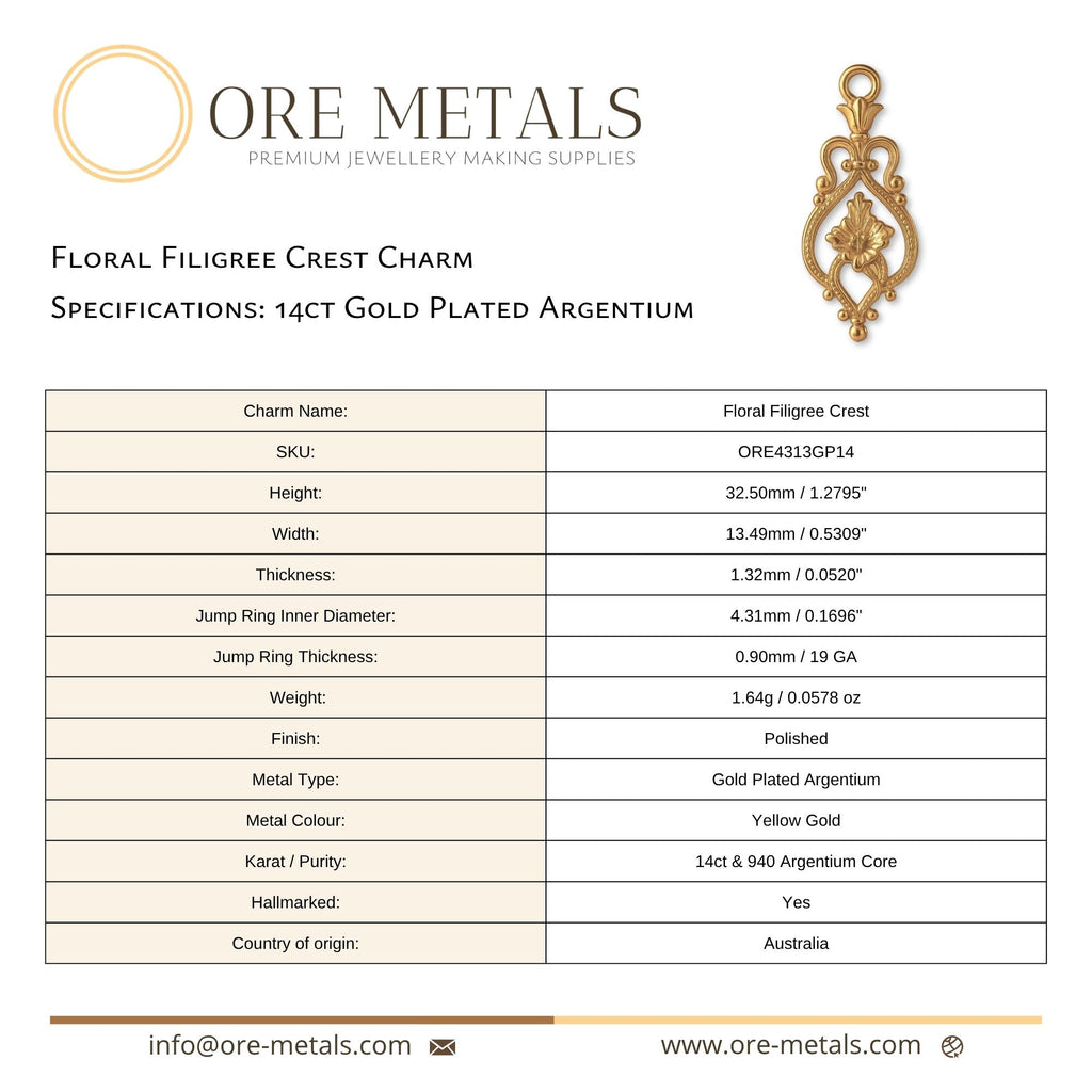 14ct Gold Plated - Floral Filigree Crest Charm