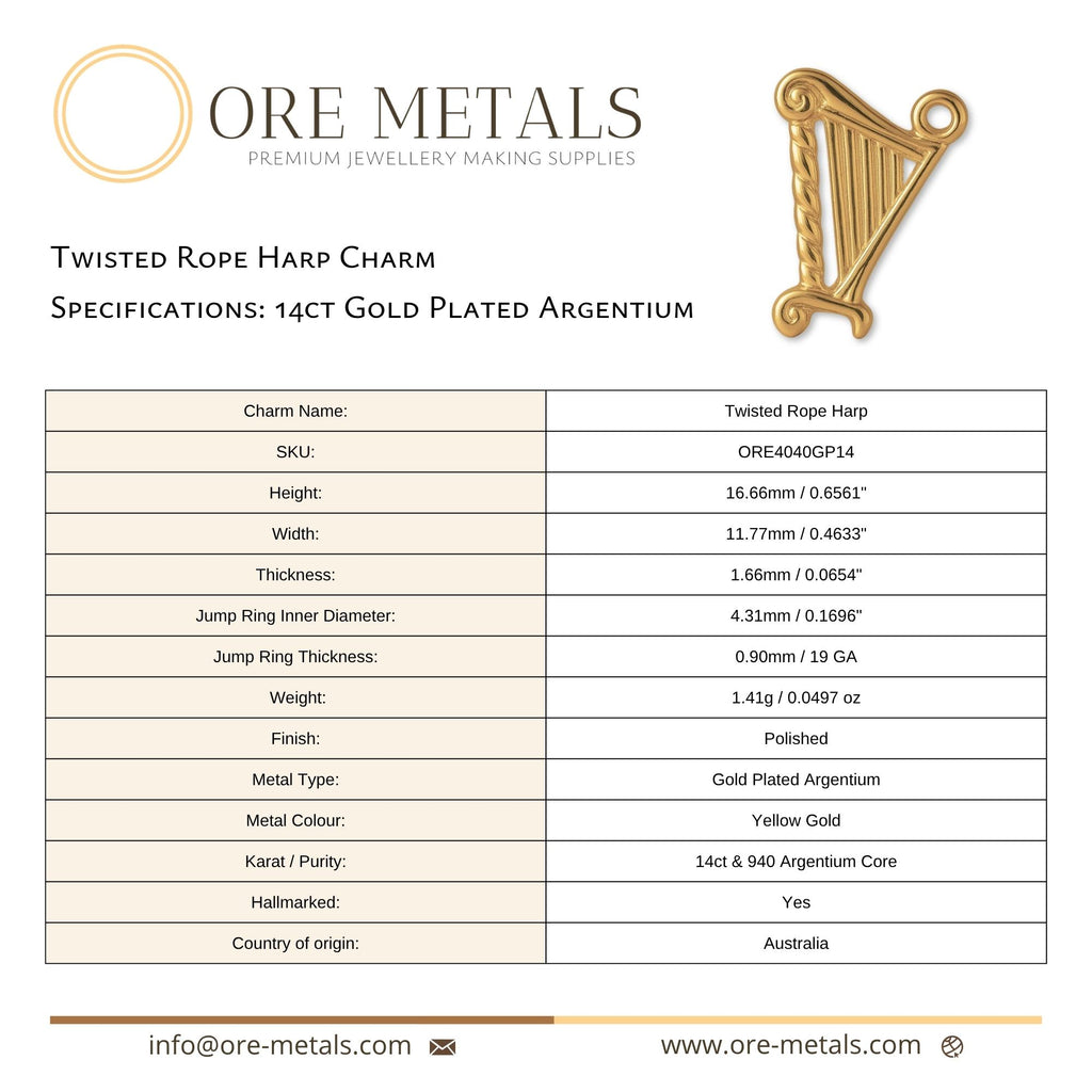 14ct Gold Plated - Twisted Rope Harp Charm