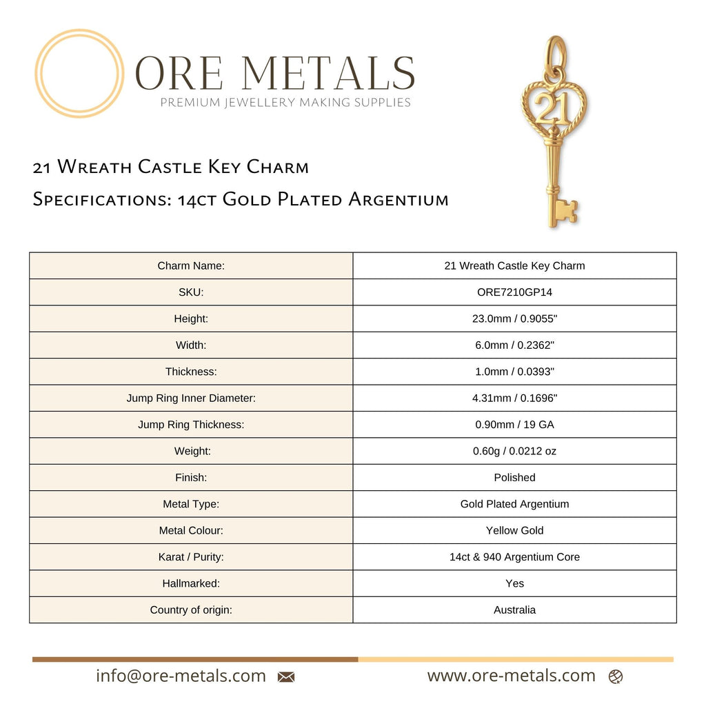14ct Gold Plated - 21 Wreath Castle Key Charm