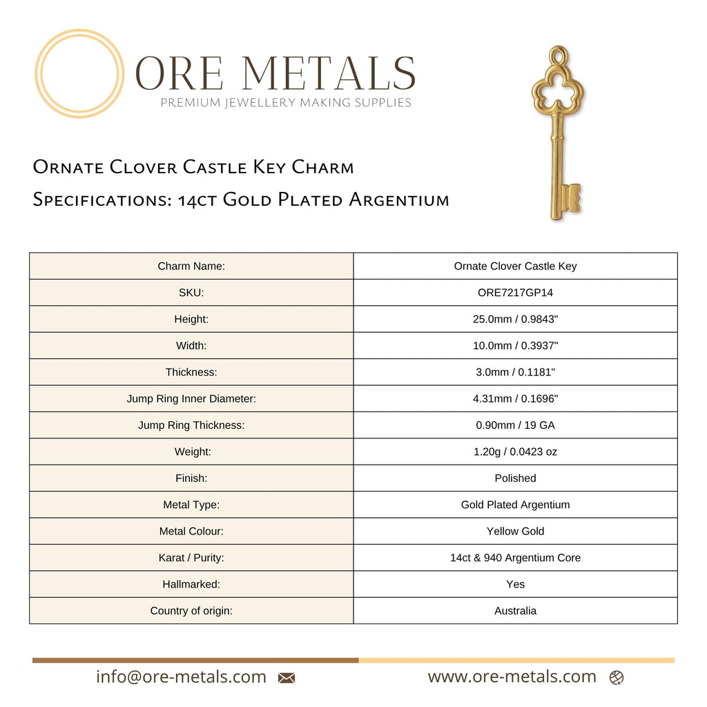 14ct Gold Plated - Ornate Clover Castle Key Charm