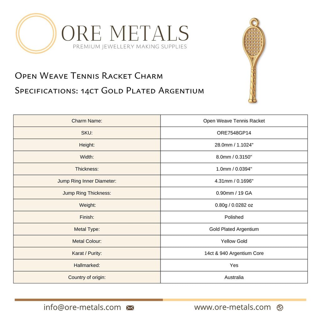 14ct Gold Plated - Open Weave Tennis Racket Charm