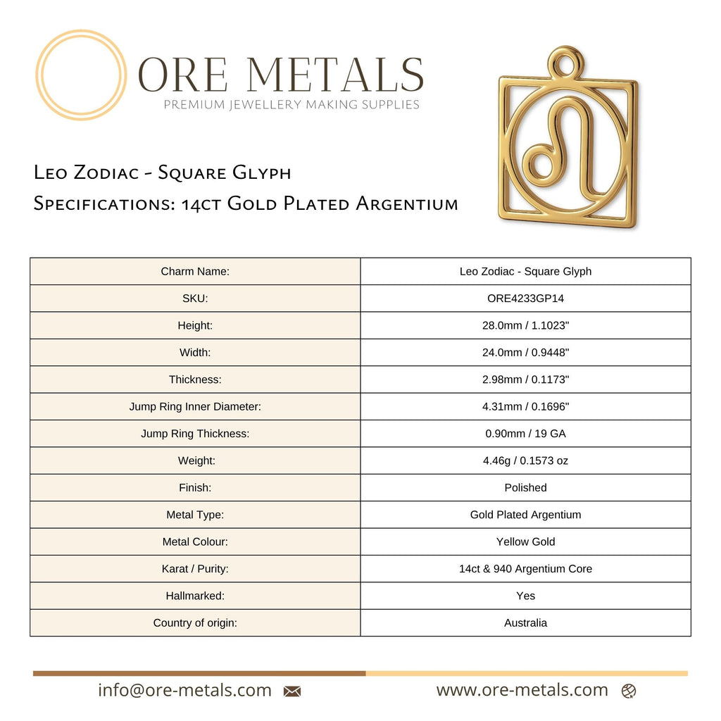 14ct Gold Plated - Leo Zodiac Square Charm