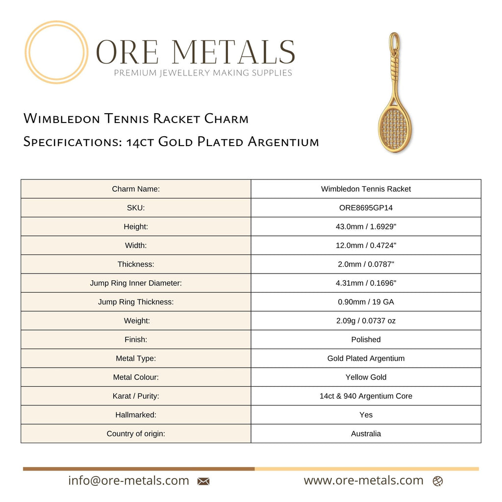 14ct Gold Plated - Wimbledon Tennis Racket Charm