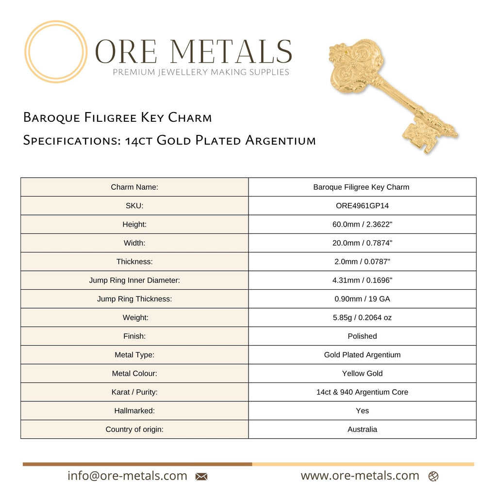 14ct Gold Plated - Baroque Filigree Key Charm