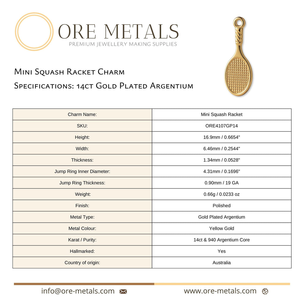 14ct Gold Plated - Mini Squash Racket Charm