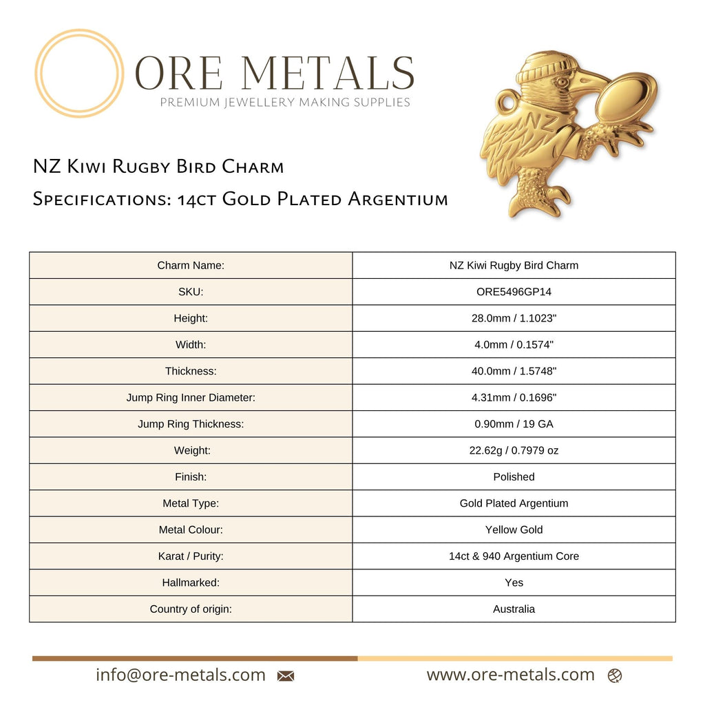 14ct Gold Plated - NZ Kiwi Rugby Bird Charm