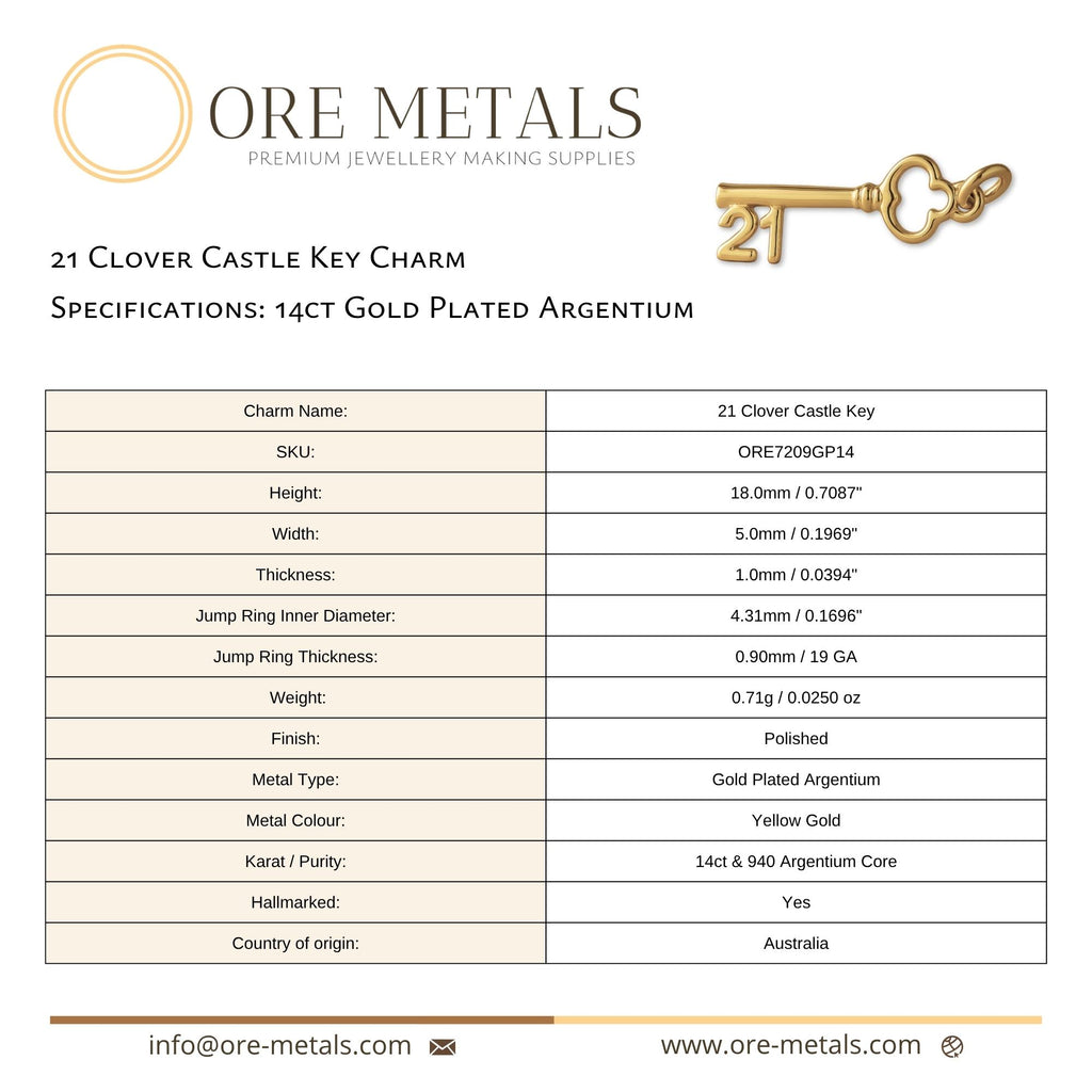 14ct Gold Plated - 21 Clover Castle Key Charm