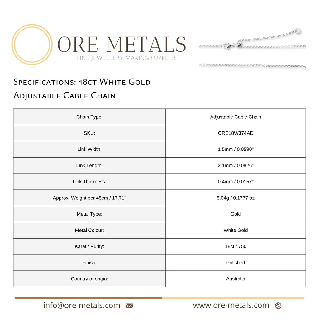 18ct White Gold - Adjustable Cable - Necklace Chain