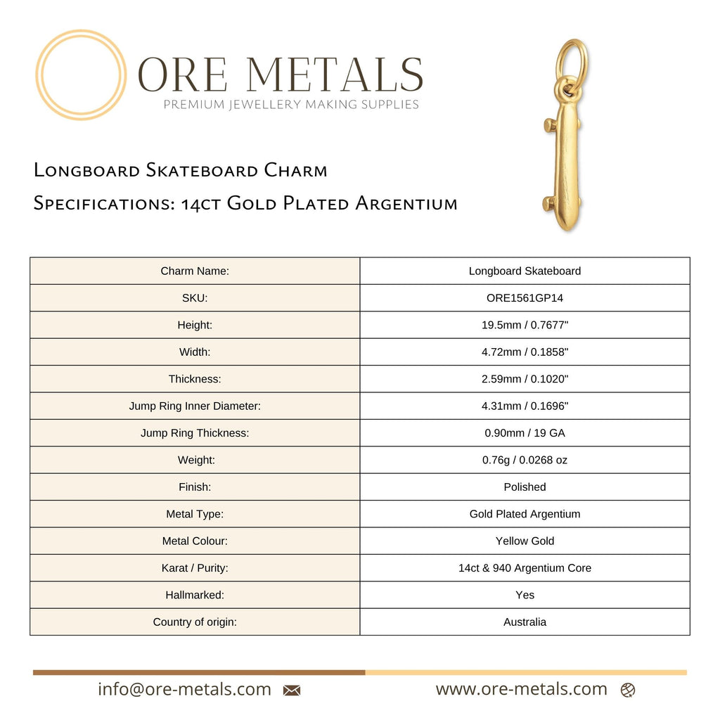 14ct Gold Plated - Longboard Skateboard Charm