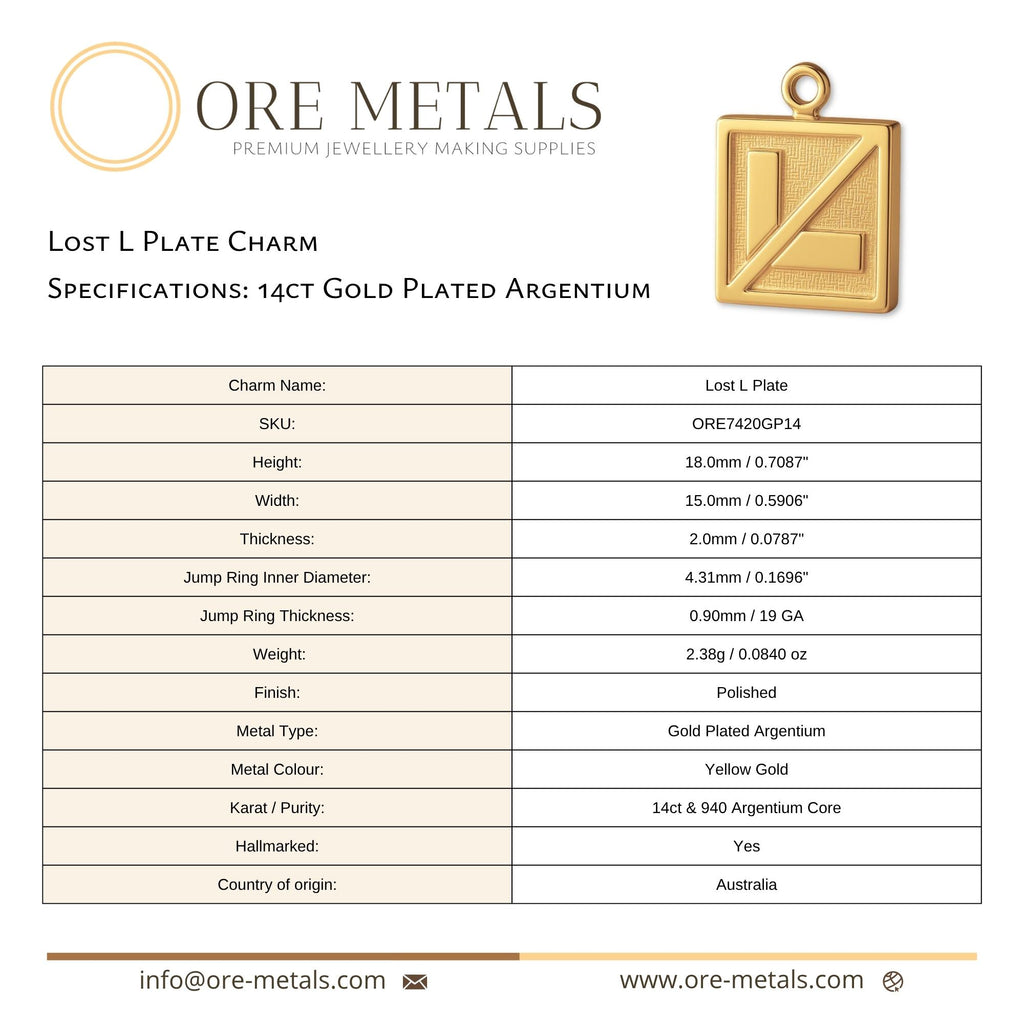 14ct Gold Plated - Lost L Plate Charm