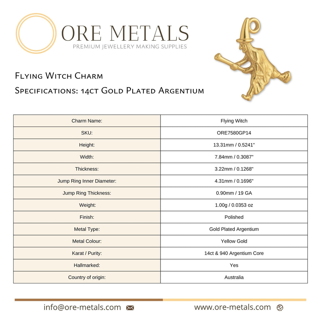 14ct Gold Plated - Flying Witch Charm