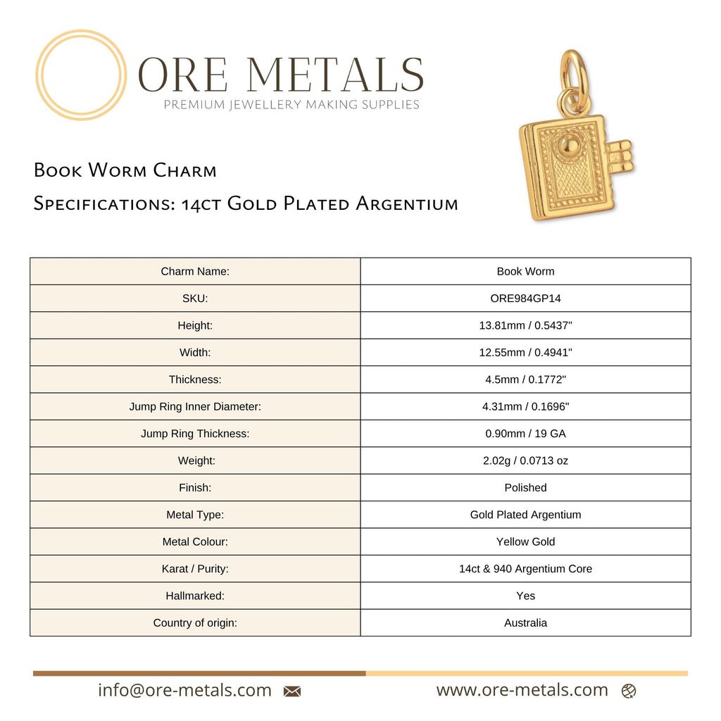 14ct Gold Plated - Book Worm Charm