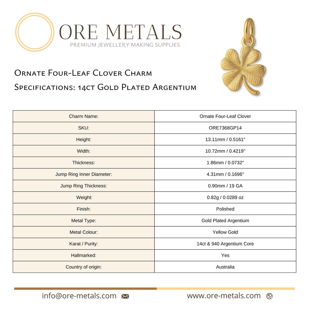 14ct Gold Plated - Ornate Four-Leaf Clover Charm