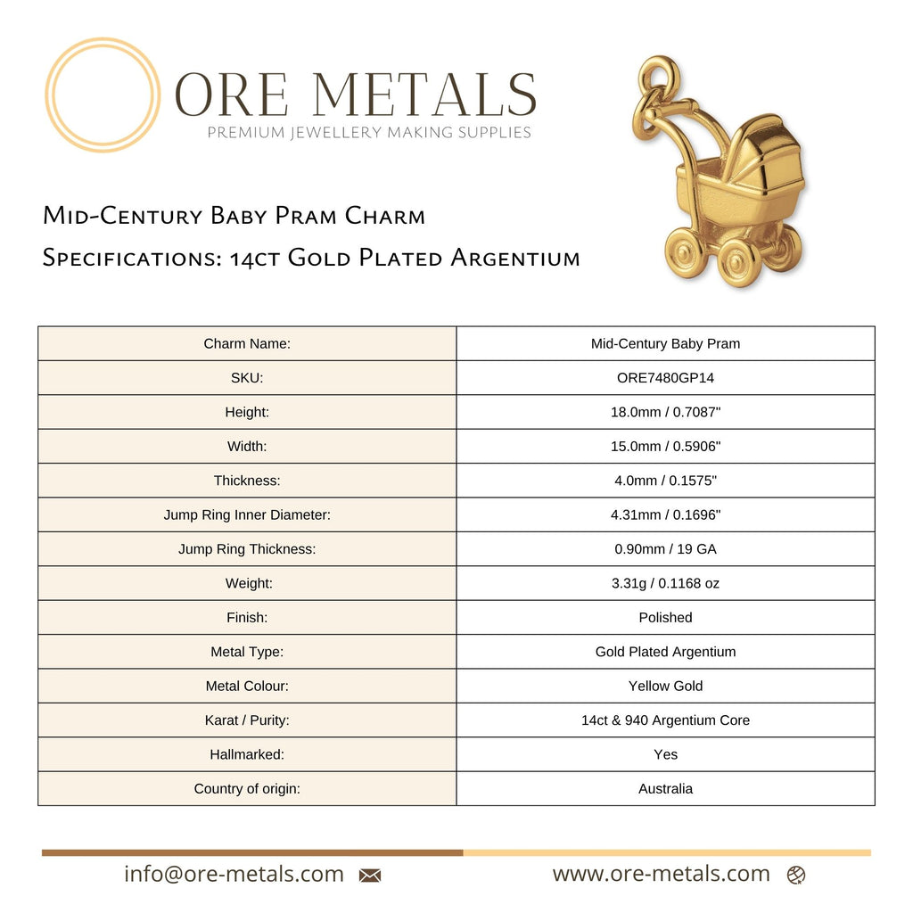 14ct Gold Plated - Mid–Century Baby Pram Charm