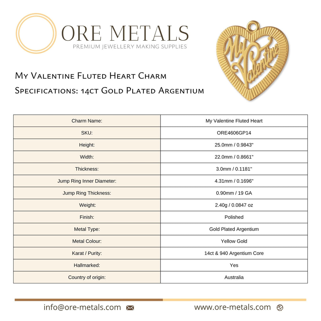 14ct Gold Plated - My Valentine Fluted Heart Charm