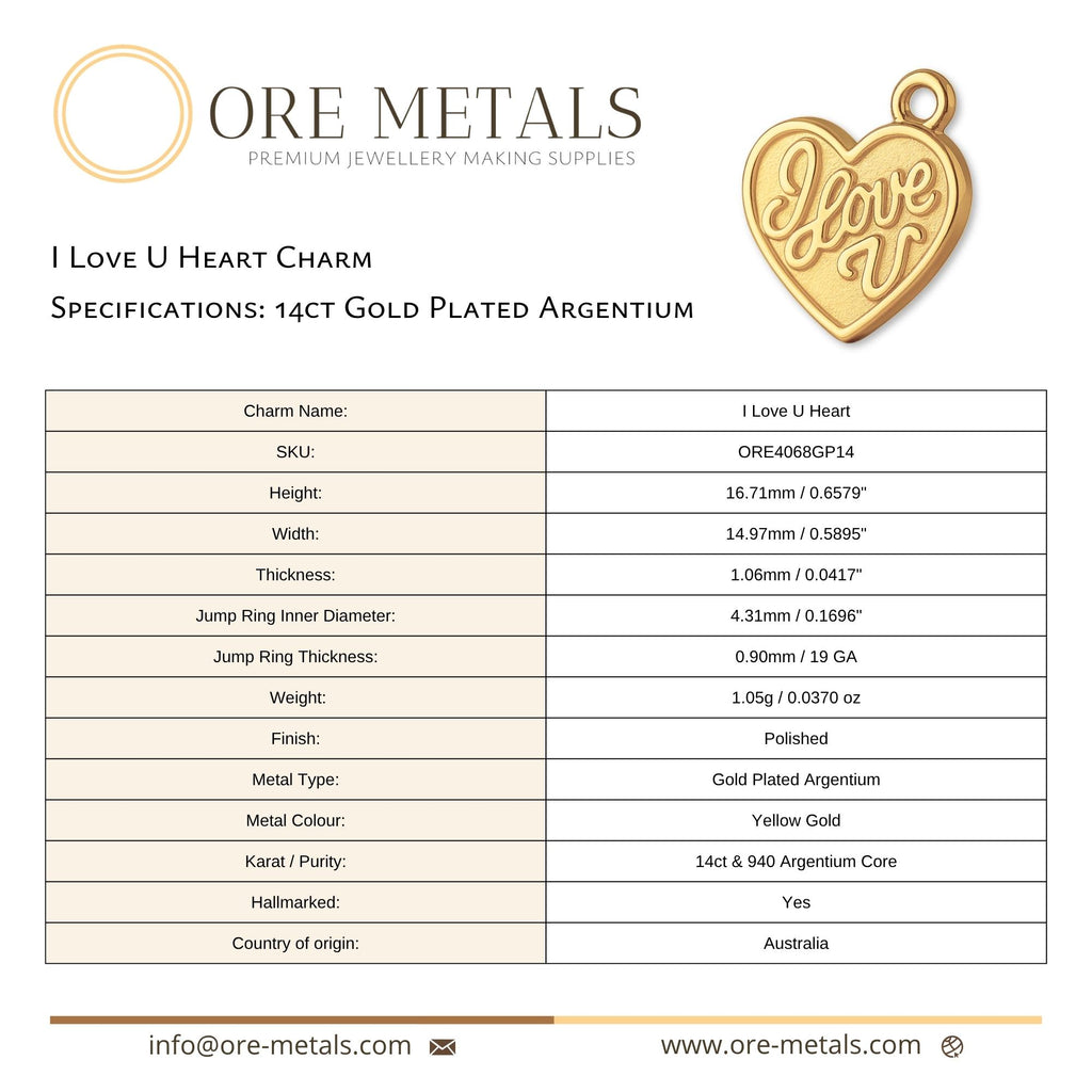 14ct Gold Plated - I Love U Heart Charm