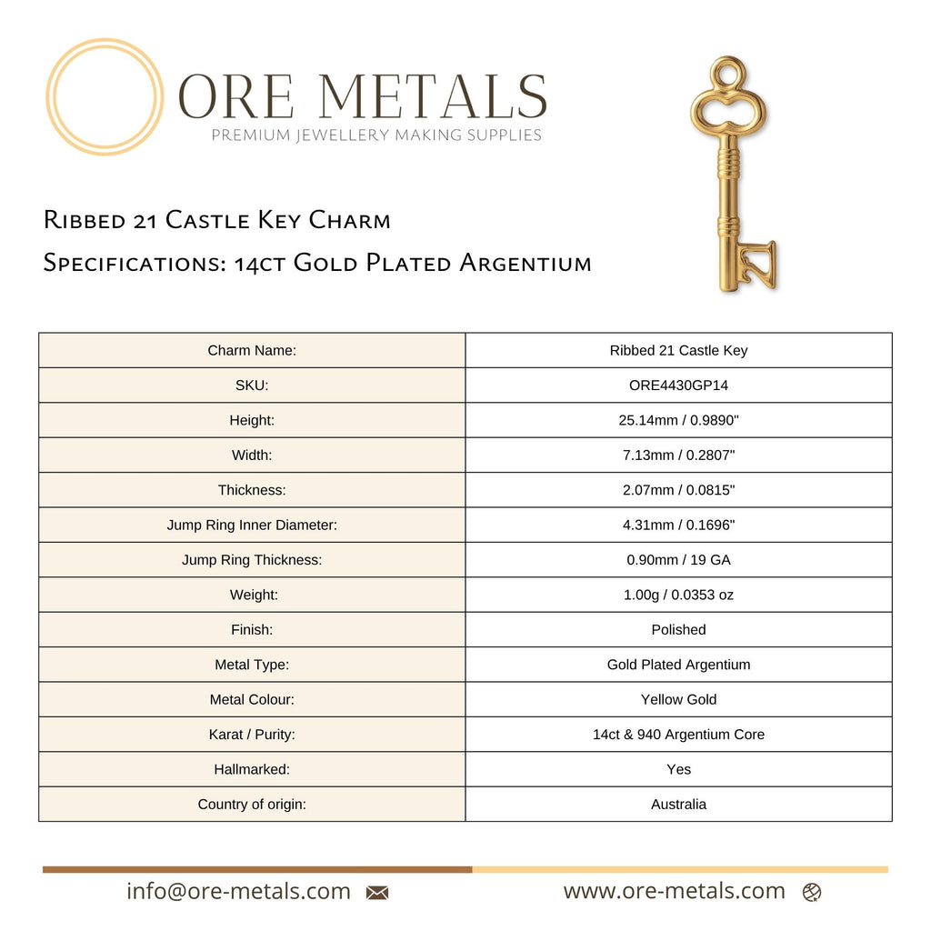 14ct Gold Plated - Ribbed 21 Castle Key Charm