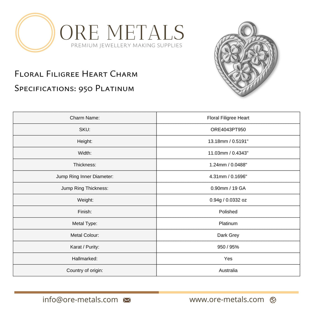 950 Platinum - Floral Filigree Heart Charm