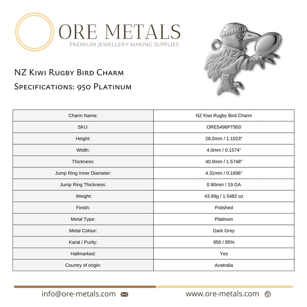 950 Platinum - NZ Kiwi Rugby Bird Charm