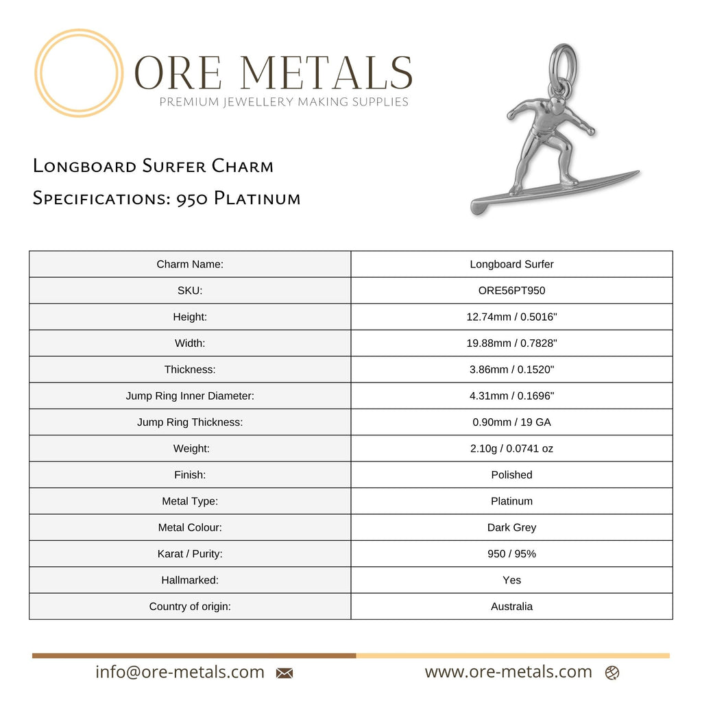 950 Platinum - Longboard Surfer Charm