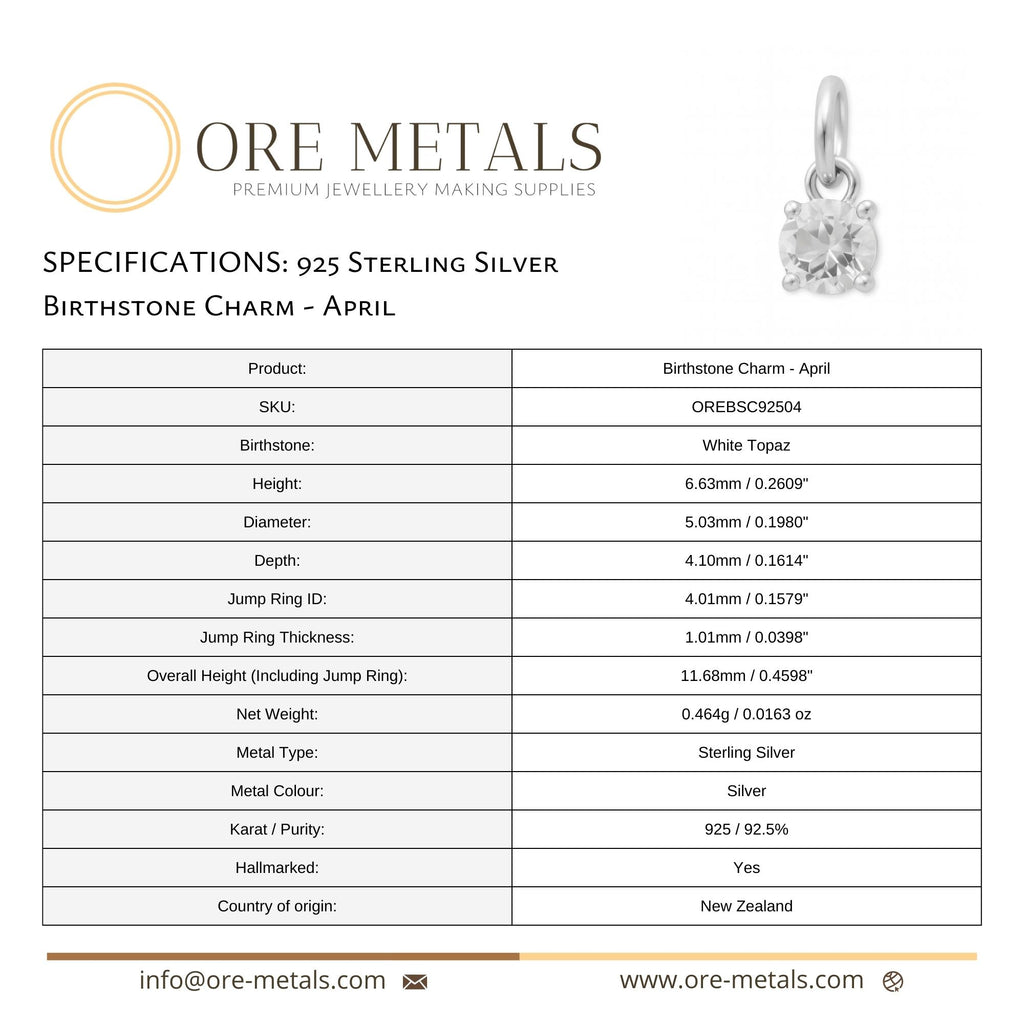 925 Sterling Silver | White Topaz - April Birthstone Charm