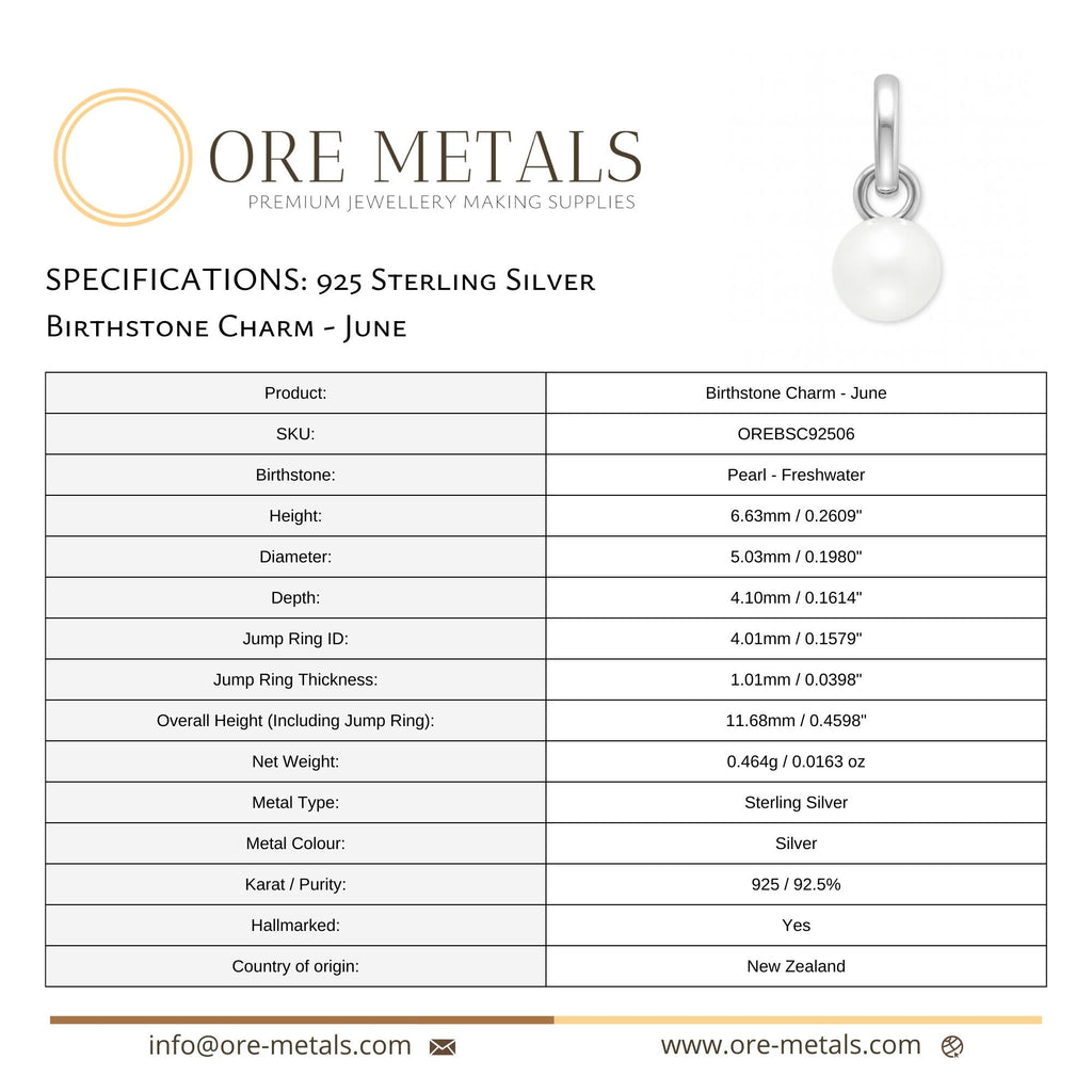 925 Sterling Silver | Pearl - June Birthstone Charm