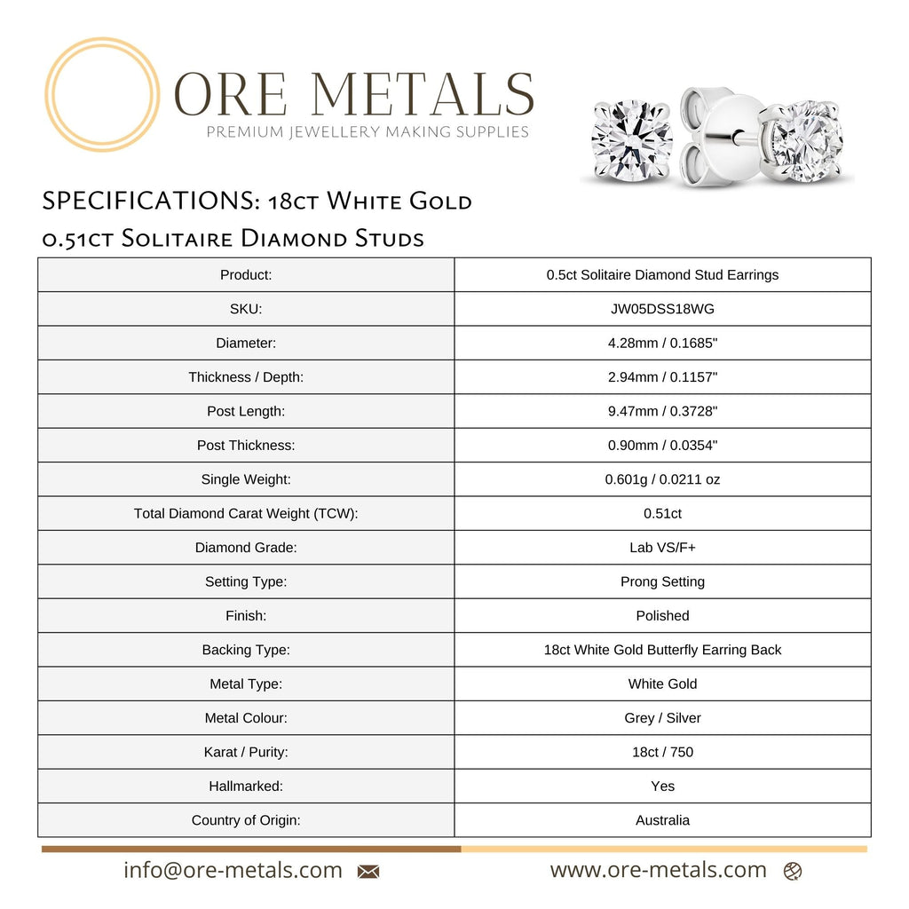 18ct White Gold | 0.5ct VS+ - Diamond Solitaire Studs